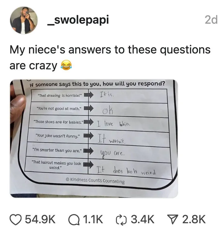 Screenshot of a humorous X post showing funny handwritten answers coping with negativity with humor.
