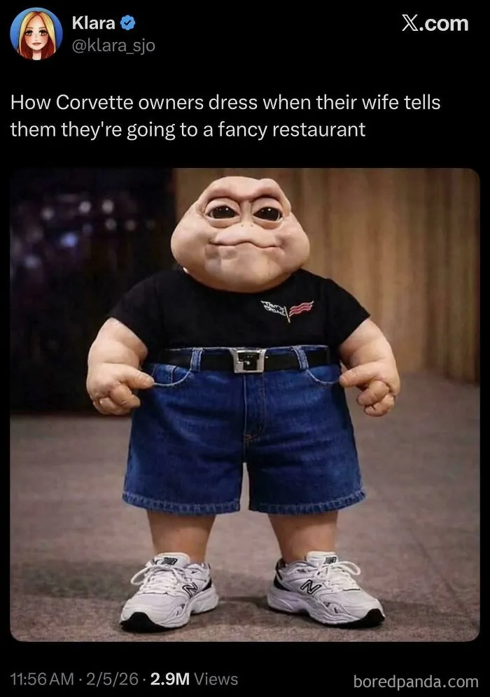 Humorous post showing a funny character dressed in casual clothes, part of chaotic and hilarious X posts collection.