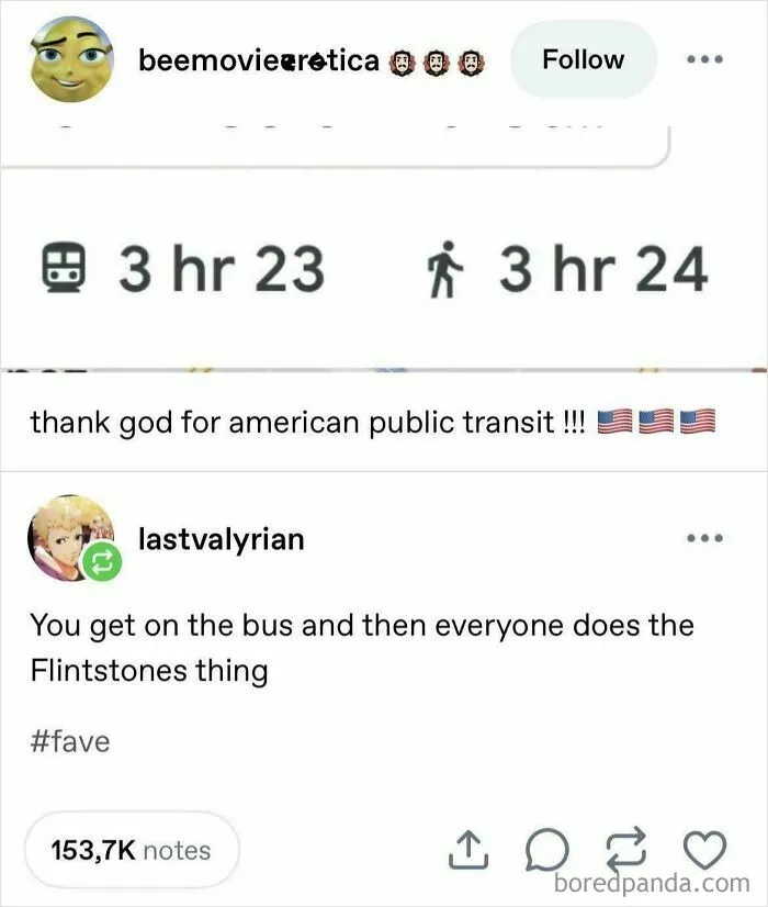 Tumblr post humor on American public transit and a funny Flintstones reference with high engagement on social media.
