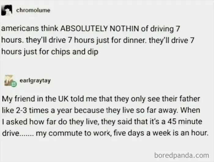 Tumblr post discussing American long drives versus UK family visits and differing commute times.