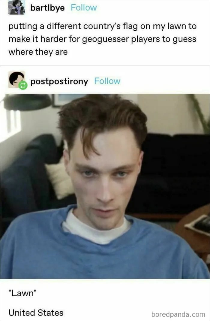 Tumblr post about confusing geoguesser players paired with a focused young man in casual clothing indoors.
