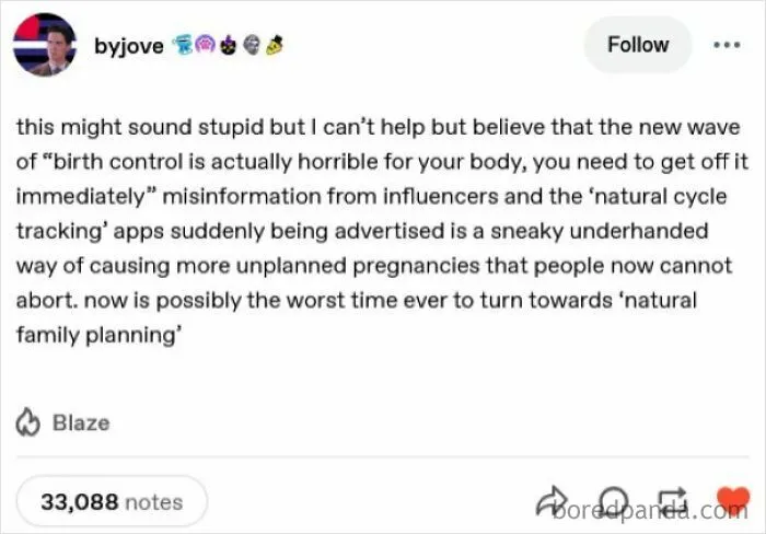 Tumblr post discussing misinformation about birth control, natural cycle apps, and unplanned pregnancies during restricted abortion access.