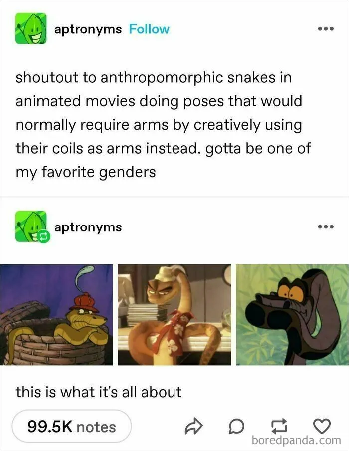 Tumblr post about anthropomorphic snakes using coils as arms, showcasing animated characters in creative poses.