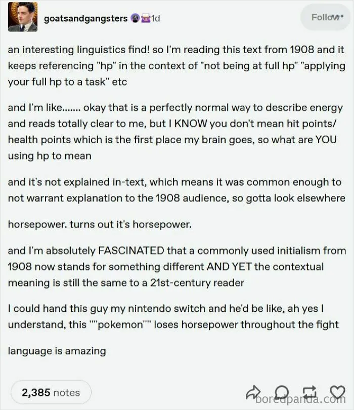 Tumblr post discussing the changing meaning of "hp" from 1908 and reflecting on language evolution and horsepower.