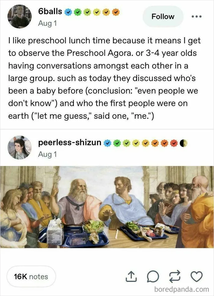Tumblr post showing a humorous preschool discussion and a classical painting edited with modern lunch trays.