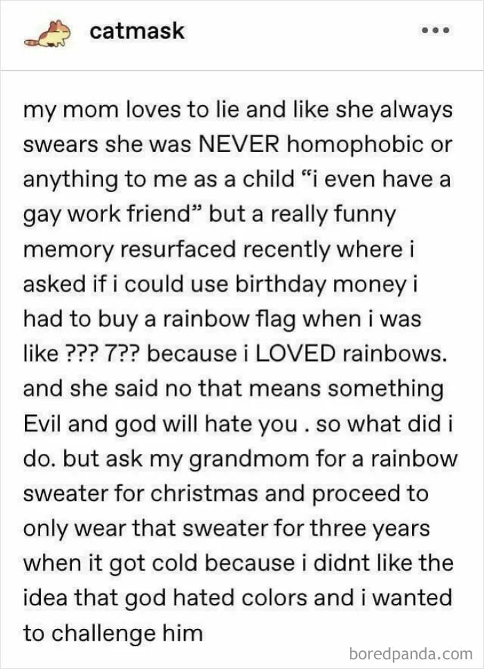 Tumblr post about childhood memories, rainbow flag, and challenging homophobia with colorful sweather.