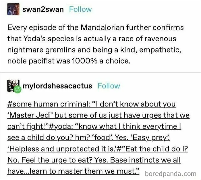 Tumblr posts discussing Yoda’s species and instincts in a wild and unexpected Tumblr thread about Elon Musk.