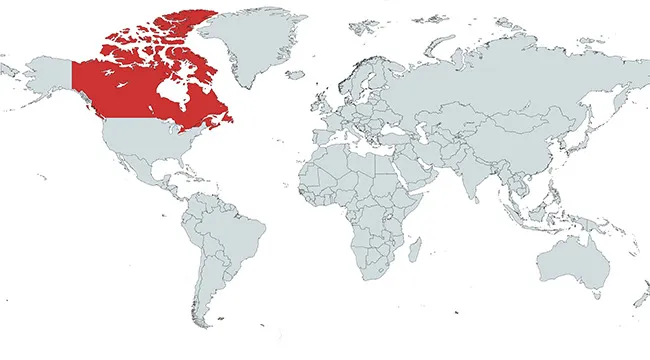 Map highlighting the country marked in red, focusing on which nation is marked on the map in North America.