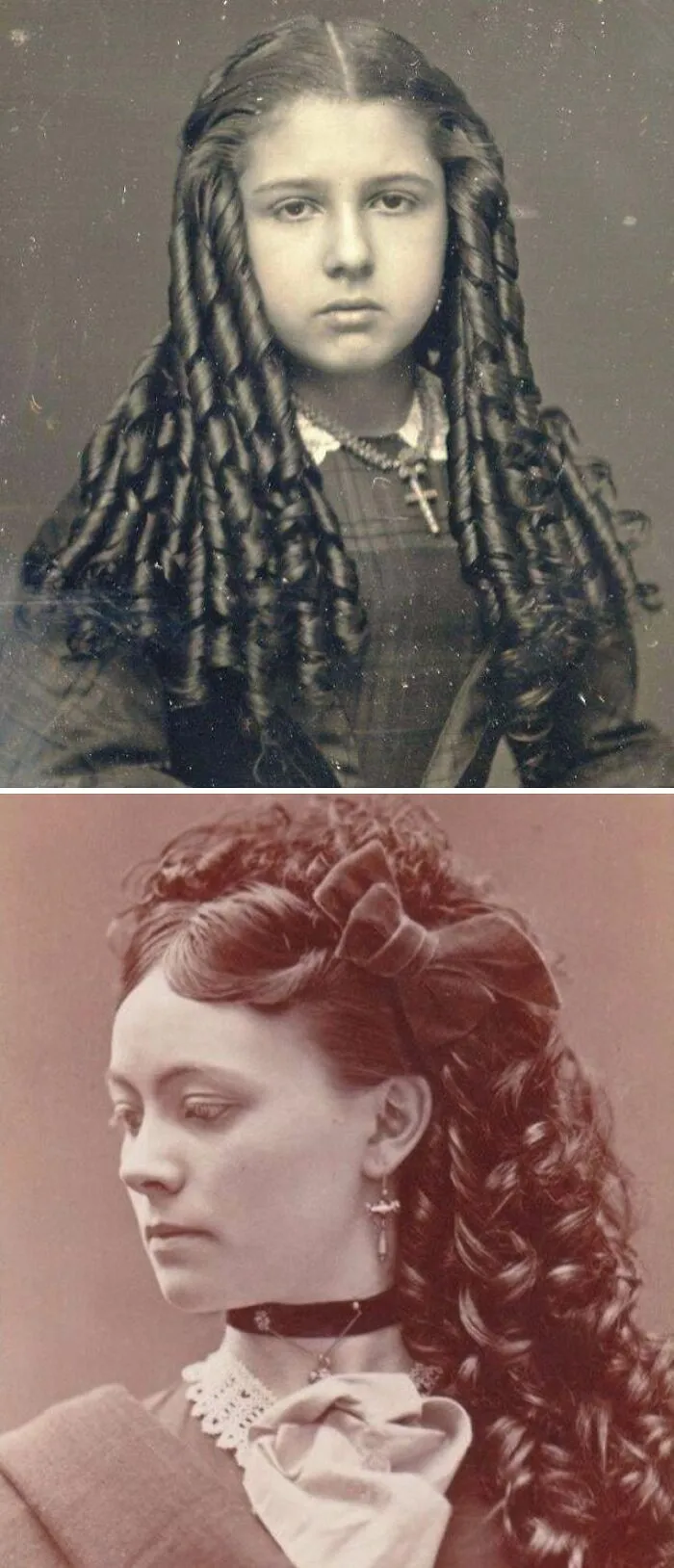 Two vintage portraits of women with intricate hairstyles wearing historical garments from the 19th century fashion era.