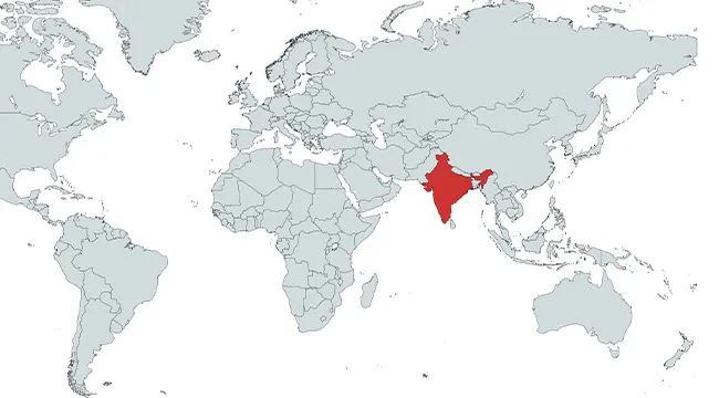 Map highlighting India in red, showing the country marked on the world map for location identification.