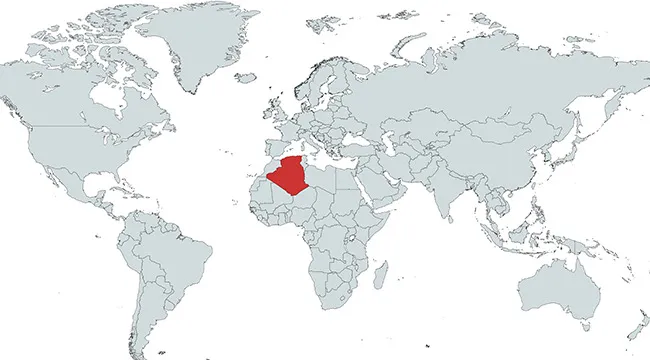Map highlighting a country in North Africa in red, focusing on which country is marked on the map location.