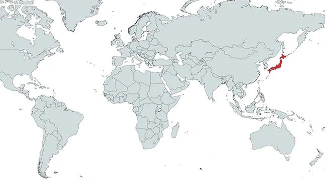 Map of the world showing Japan marked in red, highlighting the country marked on the map.