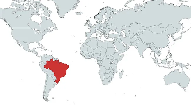 World map with the country marked in red, highlighting the location of Brazil in South America.