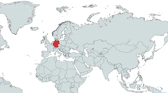 Map showing the country marked in red in Europe, focusing on which country is marked on the map.