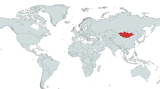 World map with the Mongolian country marked in red for identify this country, highlighting its location in Asia.