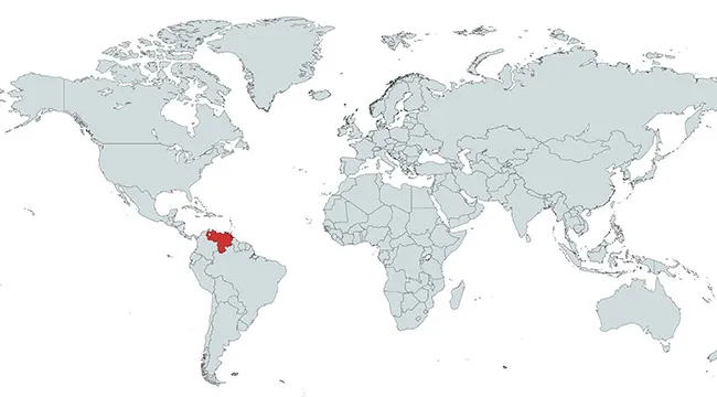 World map highlighting Venezuela in red, showing which country is marked on the map in Central America region.
