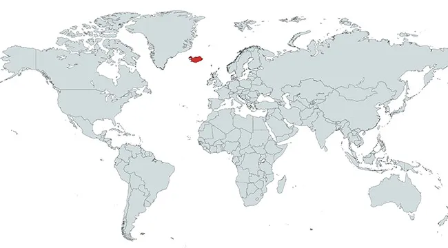 Map highlighting Iceland in red to show which country is marked on the world map for country identification.