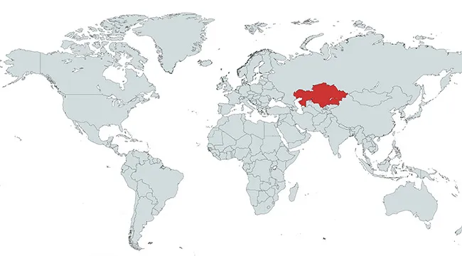 Map showing the country marked in red, highlighting which country is marked on the map in central Asia.