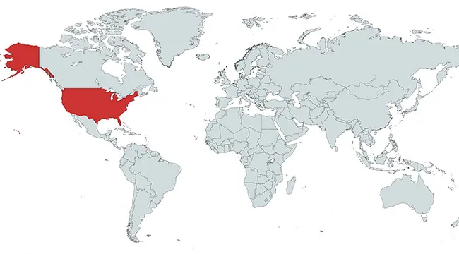 World map with the country marked in red, highlighting the United States location for the which country SEO keyword.