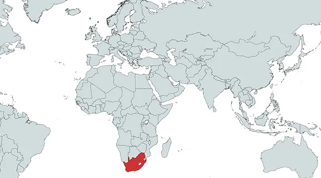 Map highlighting South Africa in red, focused on identifying which country is marked on the global map.