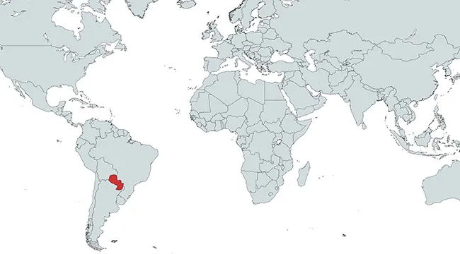 Map highlighting Paraguay in red, showing the country marked among other nations worldwide.