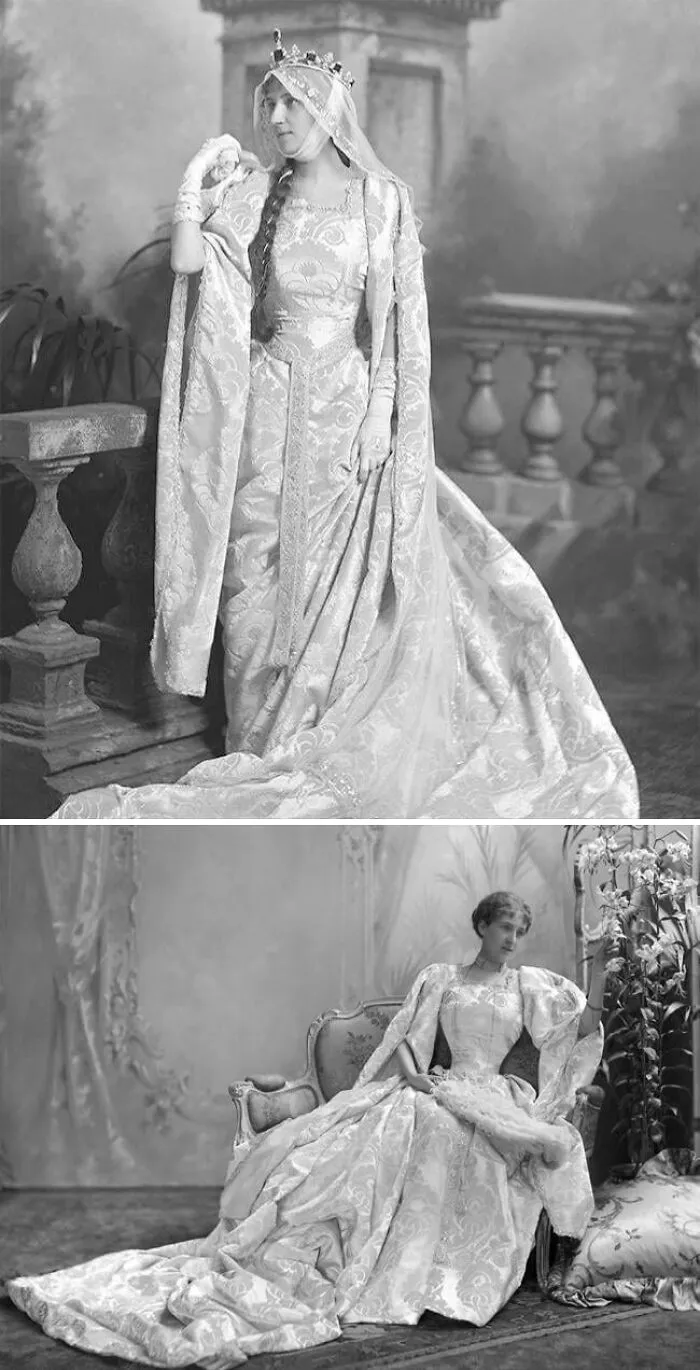 Two women modeling historical garments with elaborate patterns and flowing fabric from a vintage photo collection.