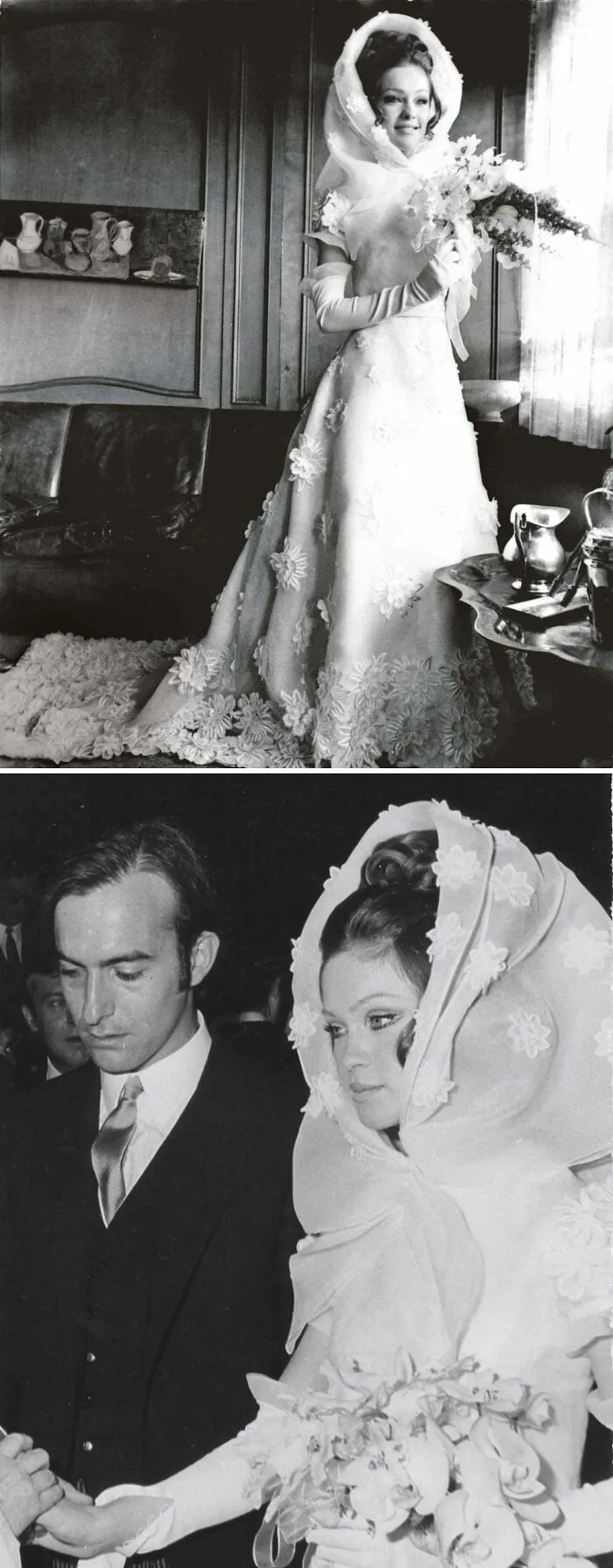 Vintage historical garments featuring an elaborate floral wedding dress with matching veil and gloves.