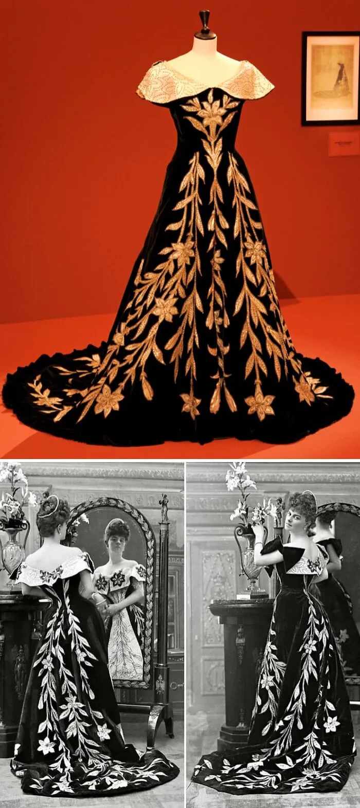 Black historical garment with gold floral embroidery and off-shoulder white collar displayed on mannequin and worn by woman.