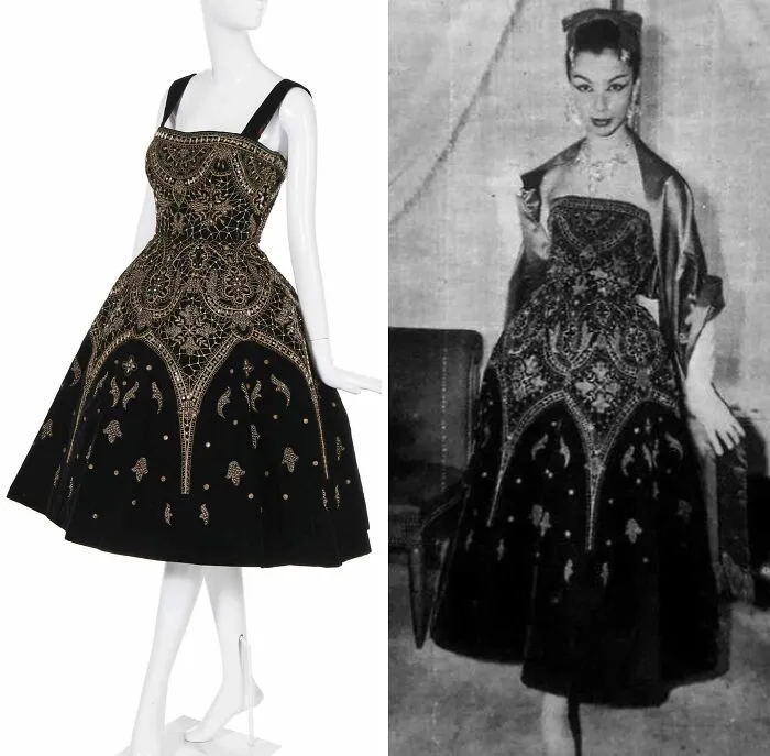 Black vintage dress with intricate gold embroidery displayed on mannequin and worn by woman in historical photo.