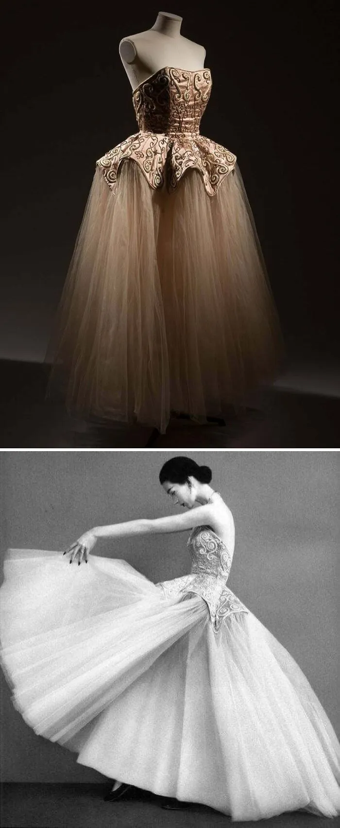 Elegant historical garments featuring intricate embroidery and flowing tulle skirts on mannequin and model.