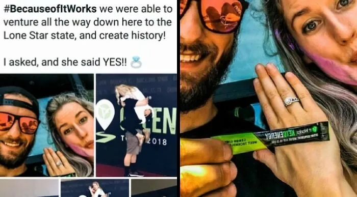 He Proposed To Her At "It Works" Event... Using Engagement Photos To Promote Your Product. Such A Class