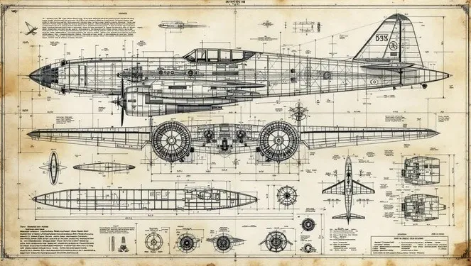 Vintage aircraft blueprint with detailed technical drawings and measurements, ideal to choose a desktop background with an aviation theme.