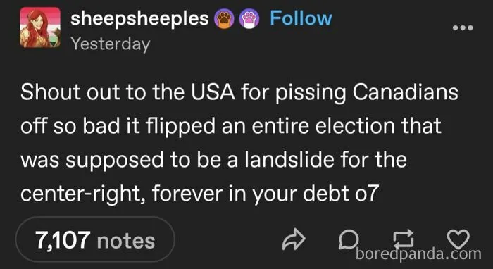 Tumblr post with a humorous political comment showing 7,107 notes, reflecting wild and unexpected Tumblr moments.