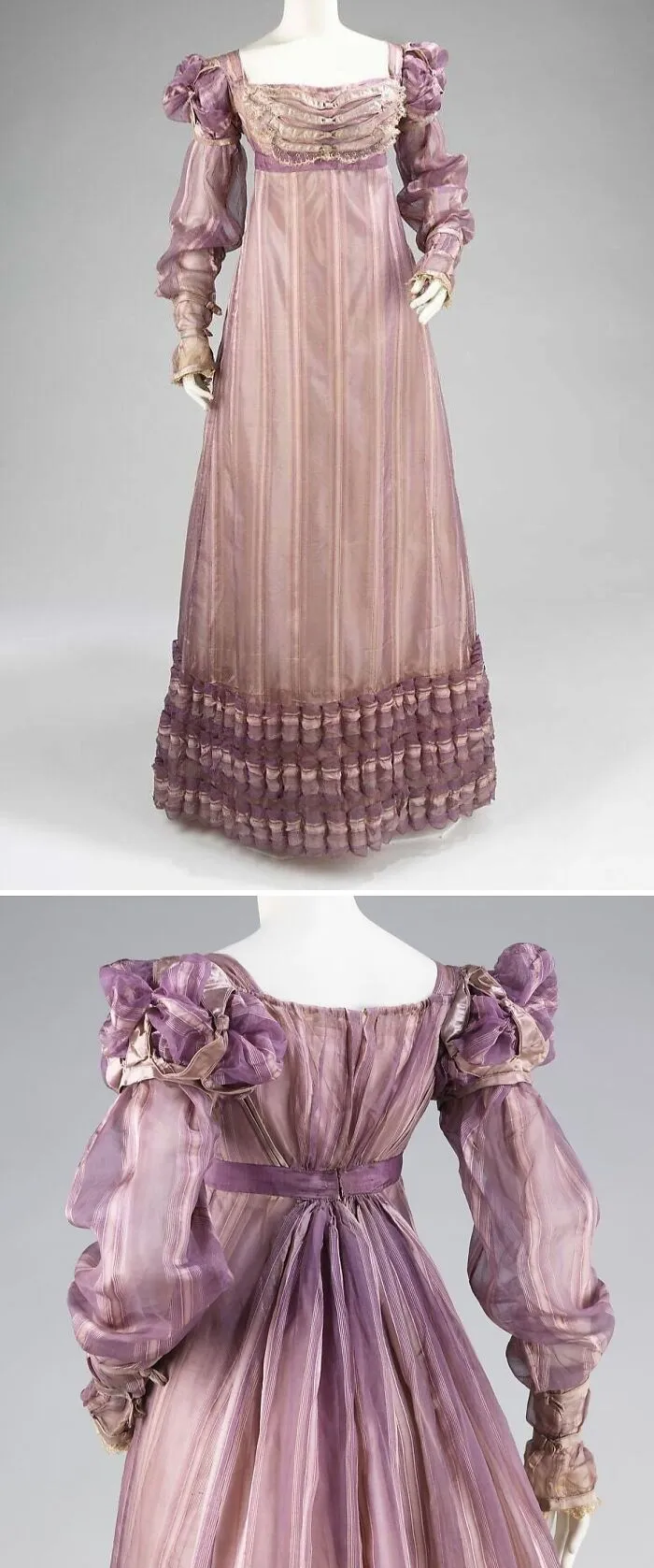 Lavender historical garment with puffed sleeves and layered ruffles, showcasing elegant vintage fashion details.