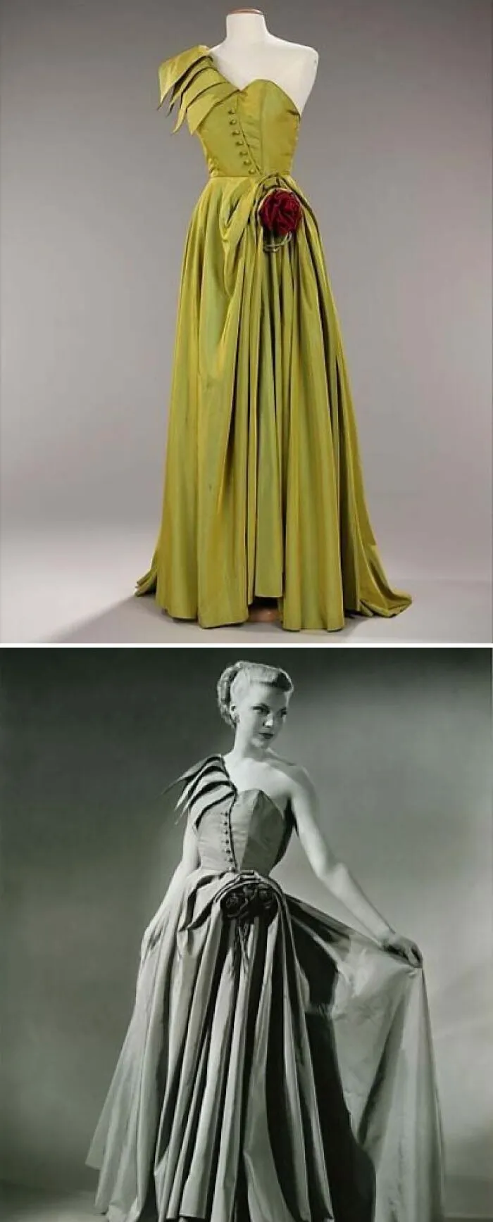 Vintage historical garment in green with asymmetrical shoulder and floral accent, showcased on mannequin and worn by a model.