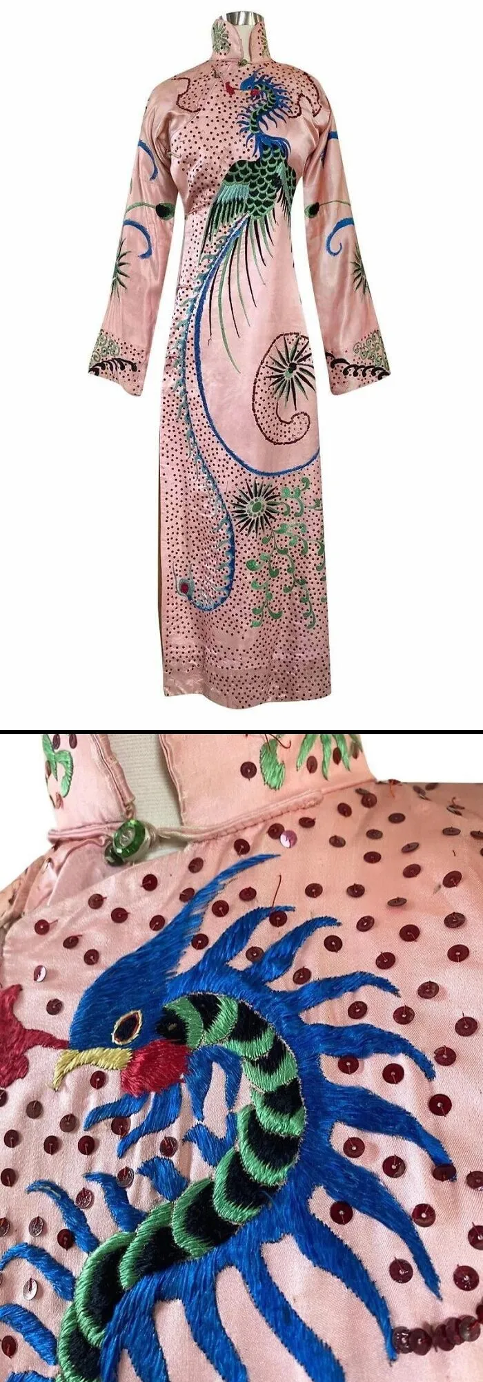 Pink historical garment with embroidered colorful phoenix and sequin details on silk fabric.