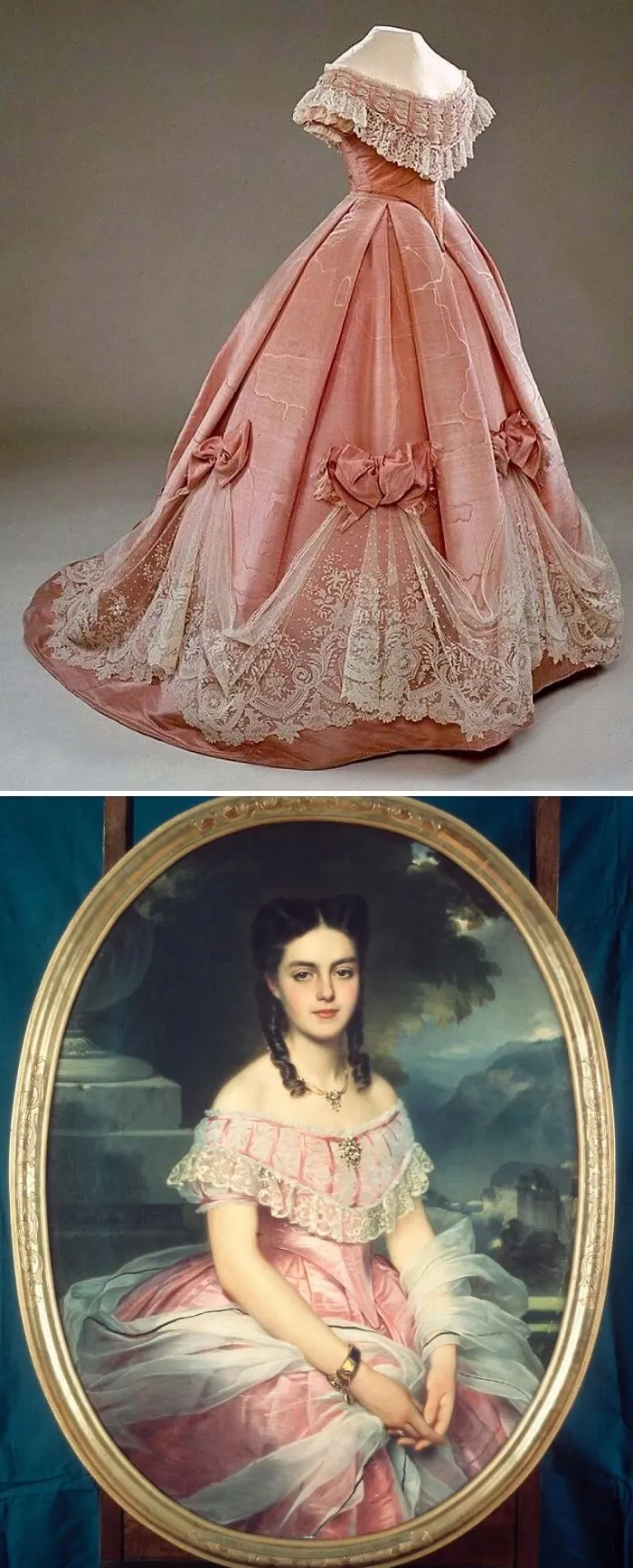 Pink historical garment with lace details displayed on a mannequin and portrait of woman wearing similar vintage dress