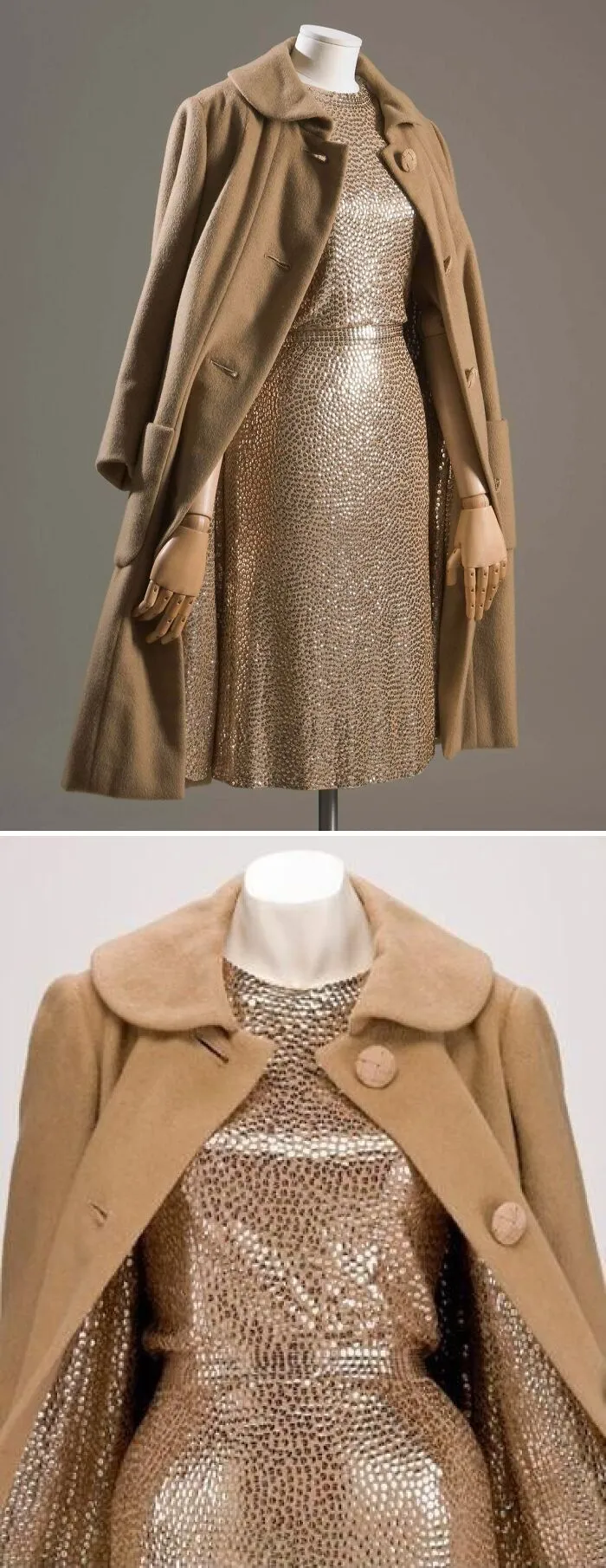 Vintage sequin dress paired with a camel wool coat on a mannequin showcasing historical garments fashion.