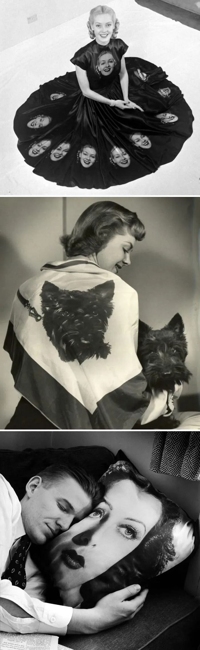 Vintage historical garments featuring bold printed portraits on dress, shawl, and pillow from mid-20th century fashion.