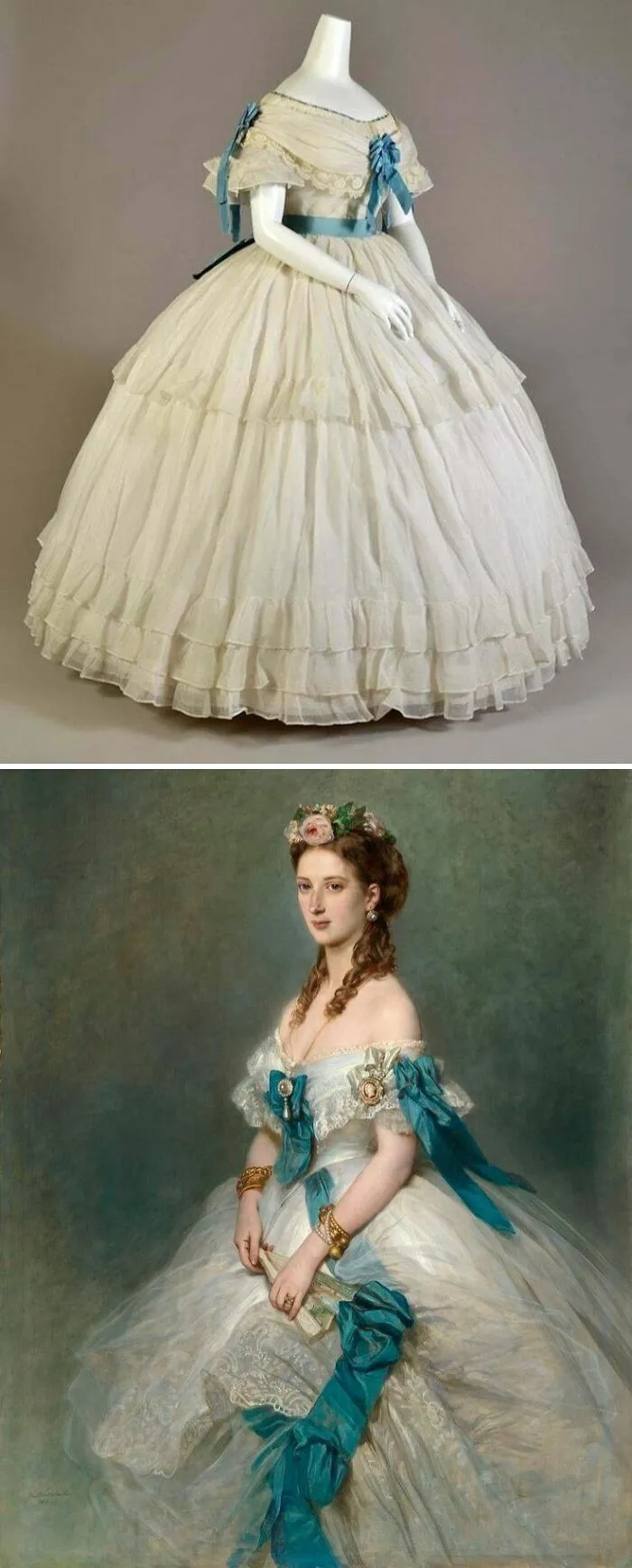Victorian-era historical garments featuring elaborate white dresses with blue ribbon accents and detailed lace designs.