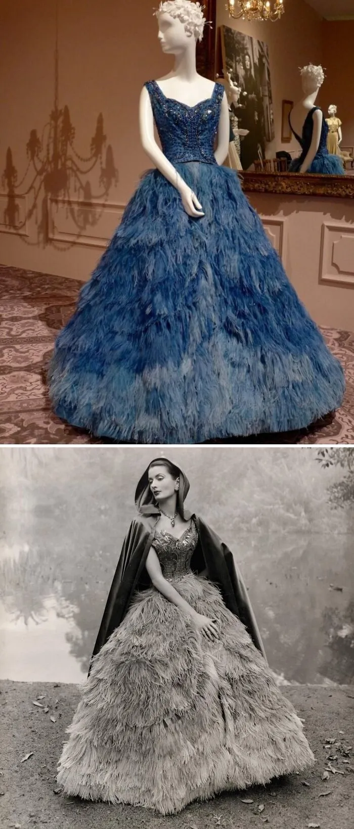 Mannequin and model wearing elaborate historical garments with detailed bodices and feathered skirts in vintage settings.