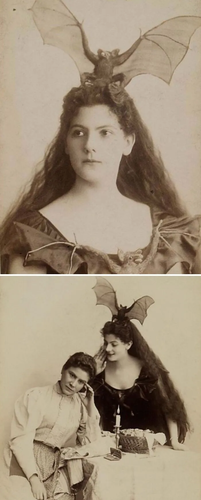 Victorian-era woman wearing a unique historical garment with bat wings headpiece in an antique sepia photo.
