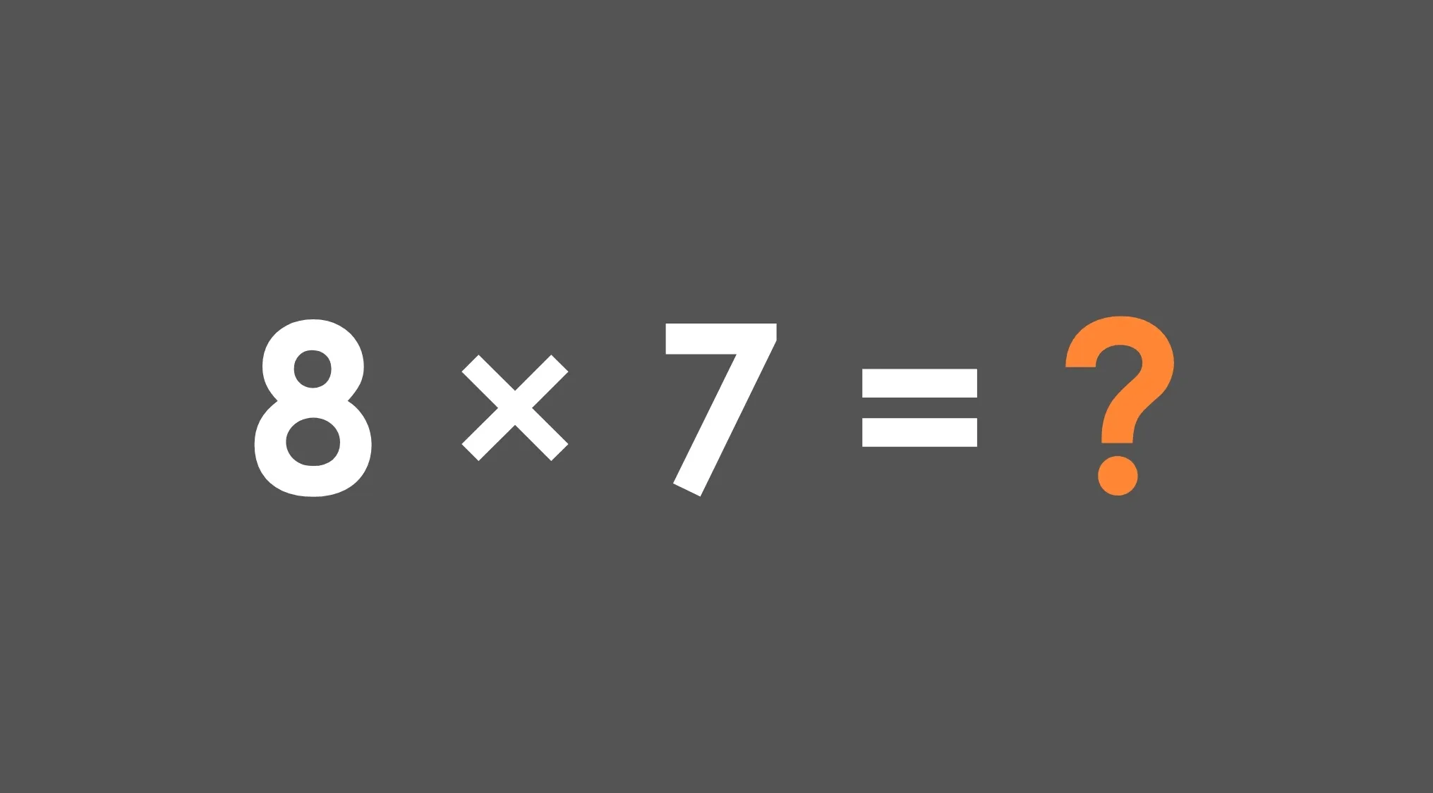 Math test grade 3 multiplication question showing equation 8 times 7 equals with a question mark on gray background