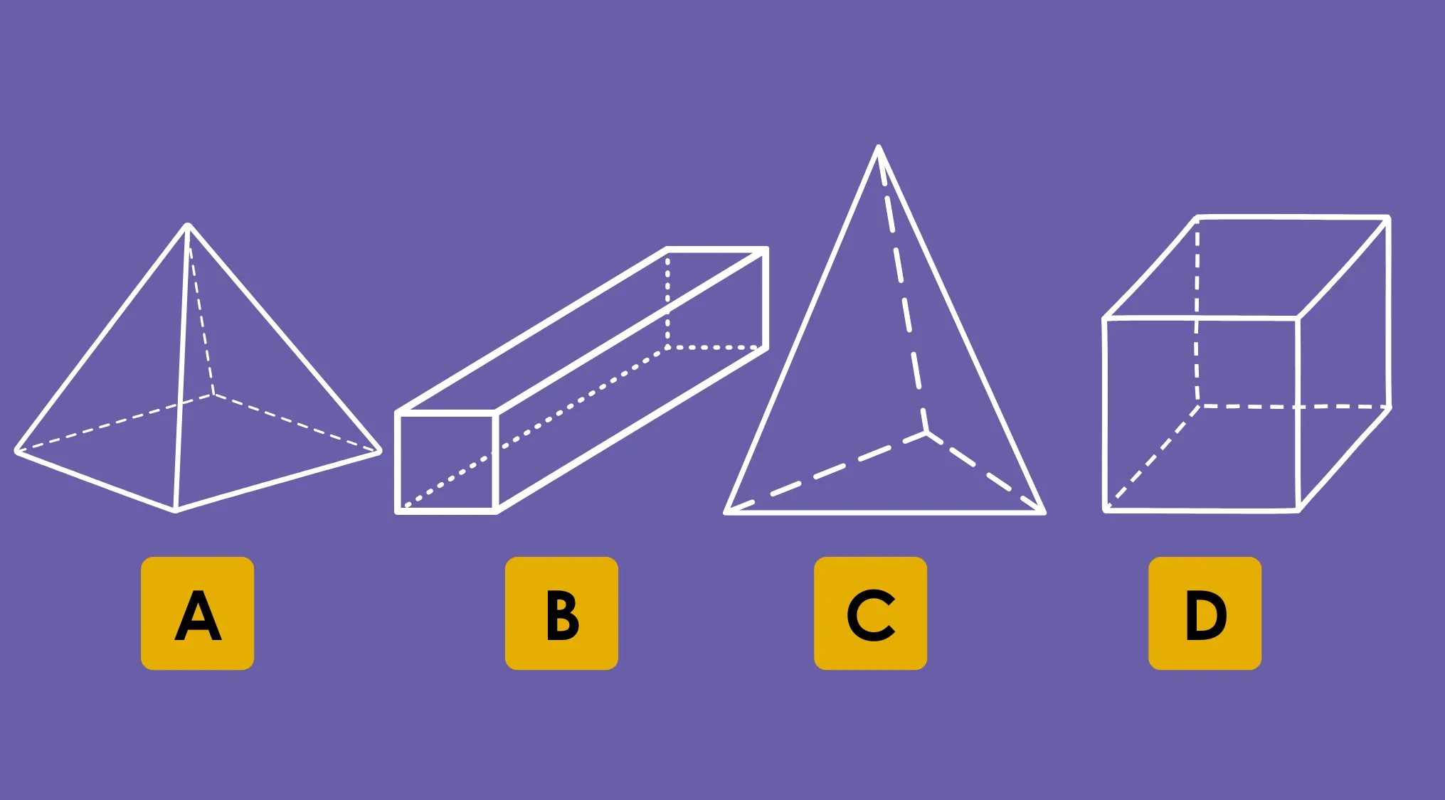 Math test grade 7 question showing four solid objects labeled A to D with different faces, edges, and vertices.