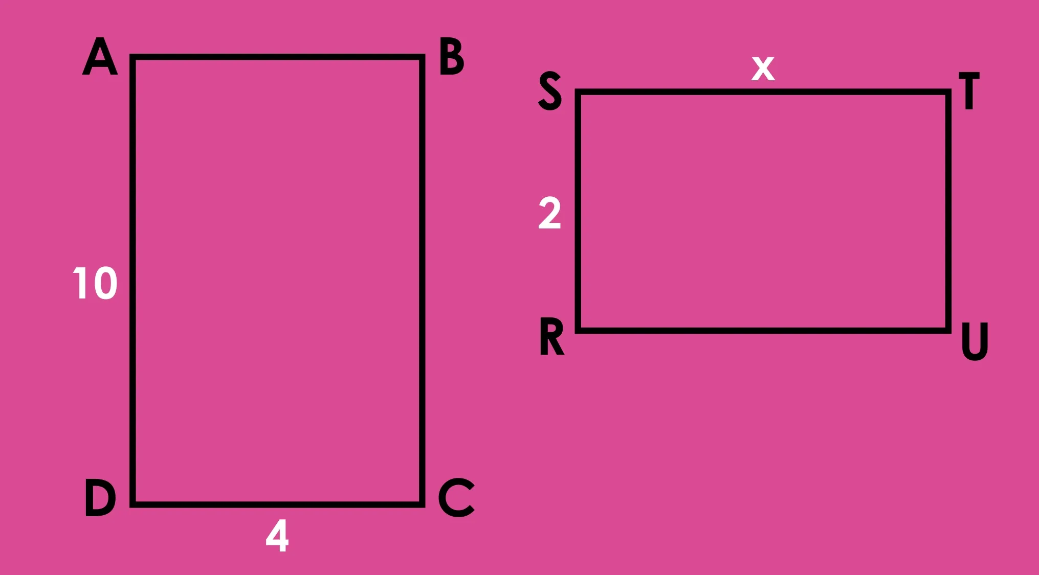 Two similar rectangles ABCD and RSTU with given side lengths and variable x to find in a math test problem.