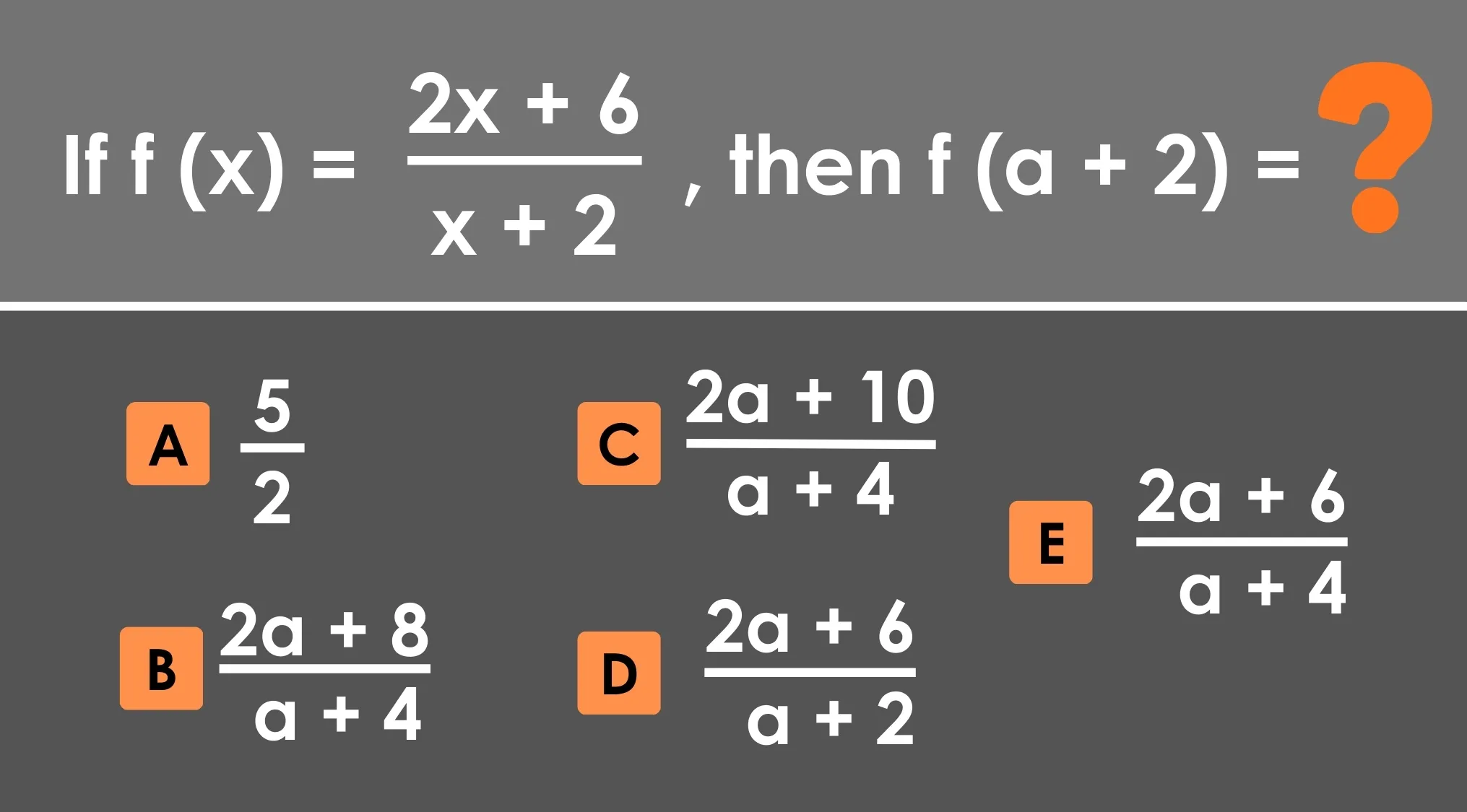 Grade 11 math test question showing a function problem with multiple choice answers and an orange question mark.