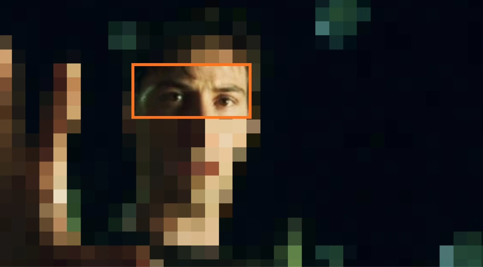 Close-up of a male character's eyes from a pixelated scene to guess the movie franchise by the characters' eyes.