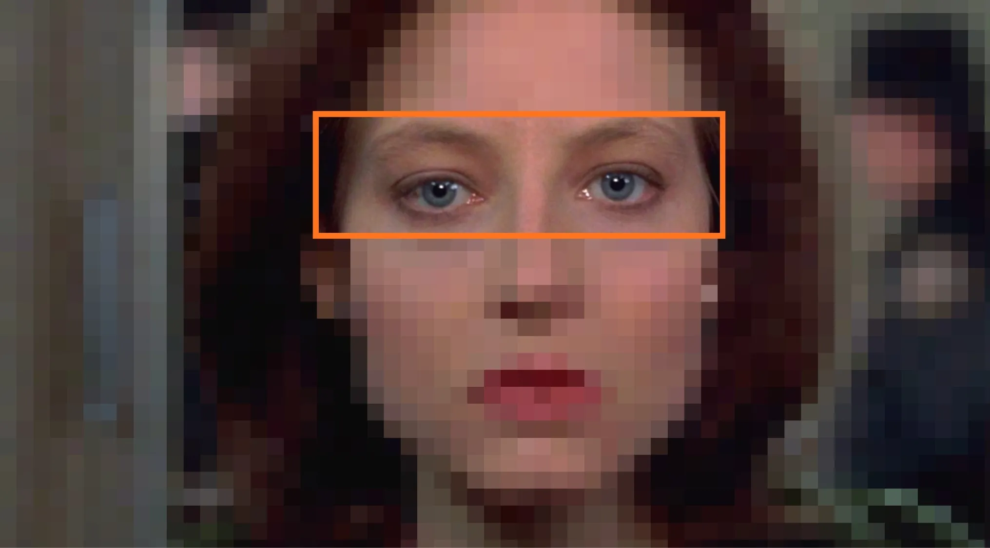 Close-up of a female character's eyes from a film scene for guess the movie from the characters eyes challenge.