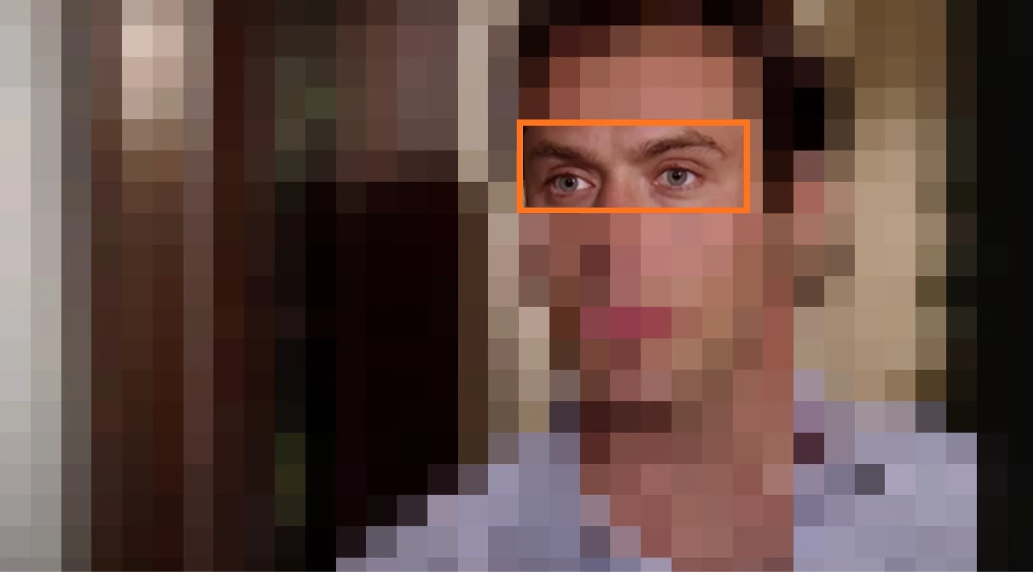 Close-up of a man's eyes challenging viewers to guess the movie from the characters' eyes in a cinematic scene.