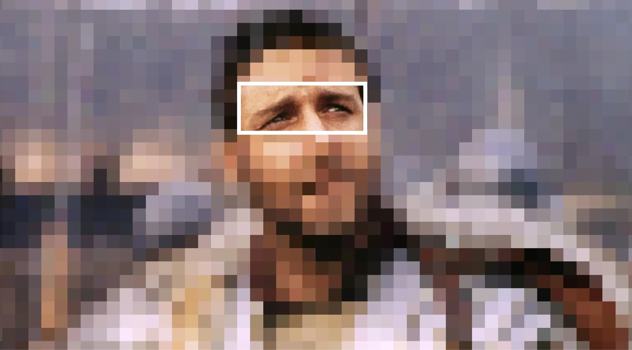 Close-up of a male movie character's eyes in a pixelated scene for guessing the movie from characters' eyes.